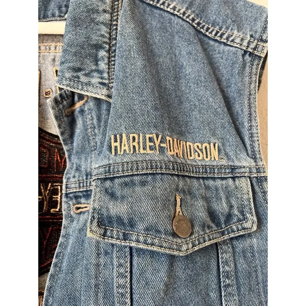 Harley Davidson Motorcycles Embroidered Denim Jean Vest Blue XL